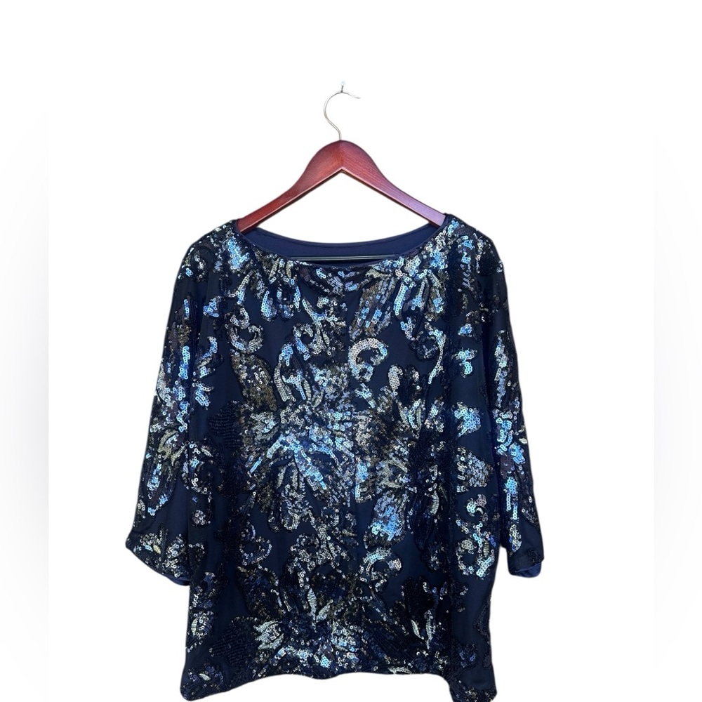 MSK Women’s Floral Sparkly Sequin Dark Blue Formal Blouse Size XL - Picture 4 of 7